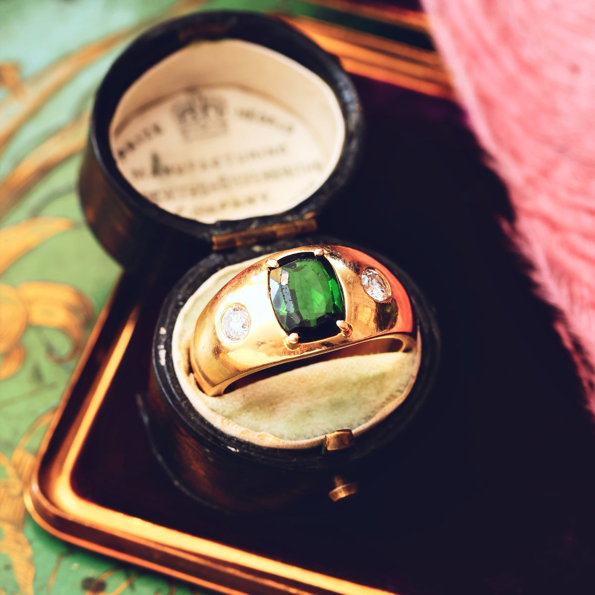 Vintage Men's Deep Green Tourmaline & Diamond Ring