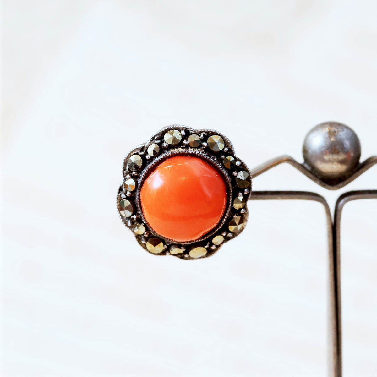 Vintage Mid Century Coral & Marcasite Stud Earrings