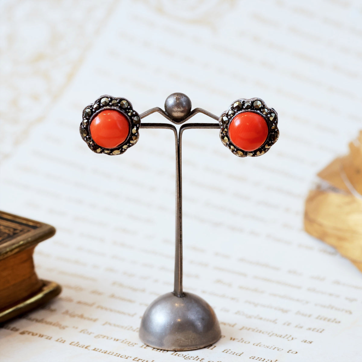 Vintage Mid Century Coral & Marcasite Stud Earrings