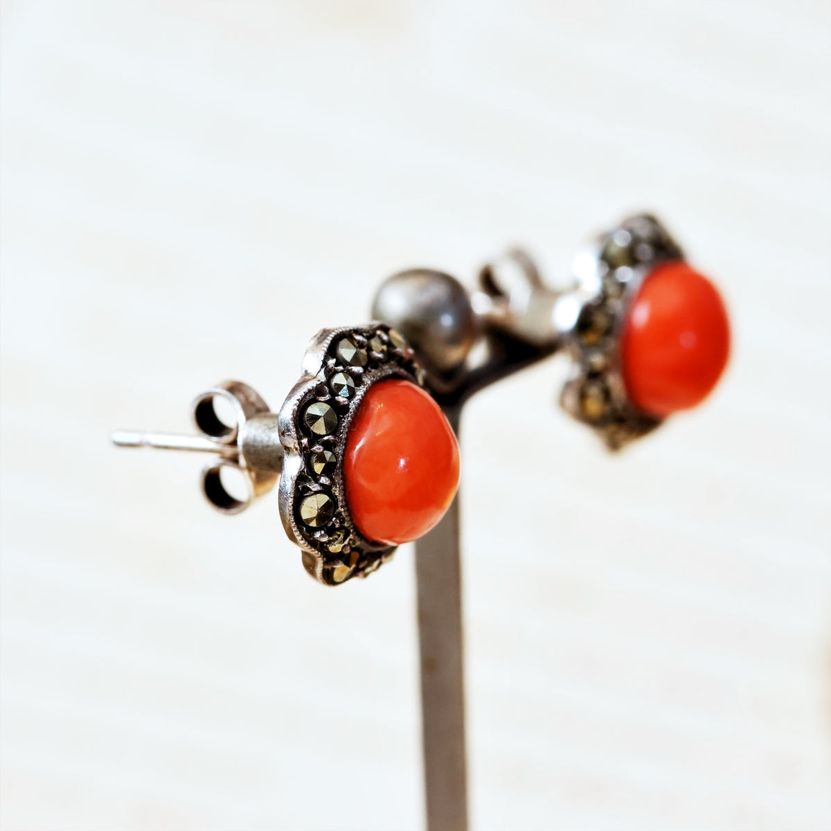 Vintage Mid Century Coral & Marcasite Stud Earrings