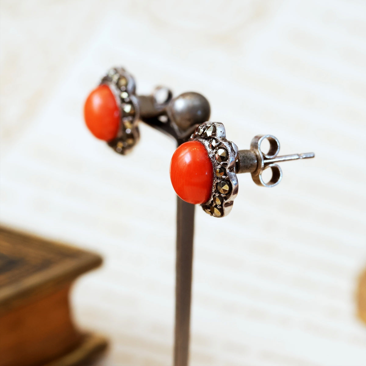 Vintage Mid Century Coral & Marcasite Stud Earrings