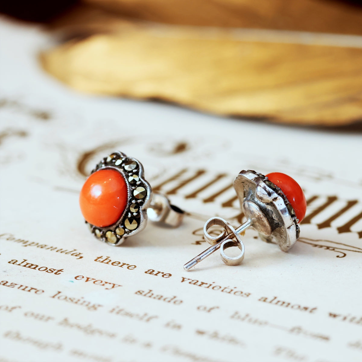 Vintage Mid Century Coral & Marcasite Stud Earrings