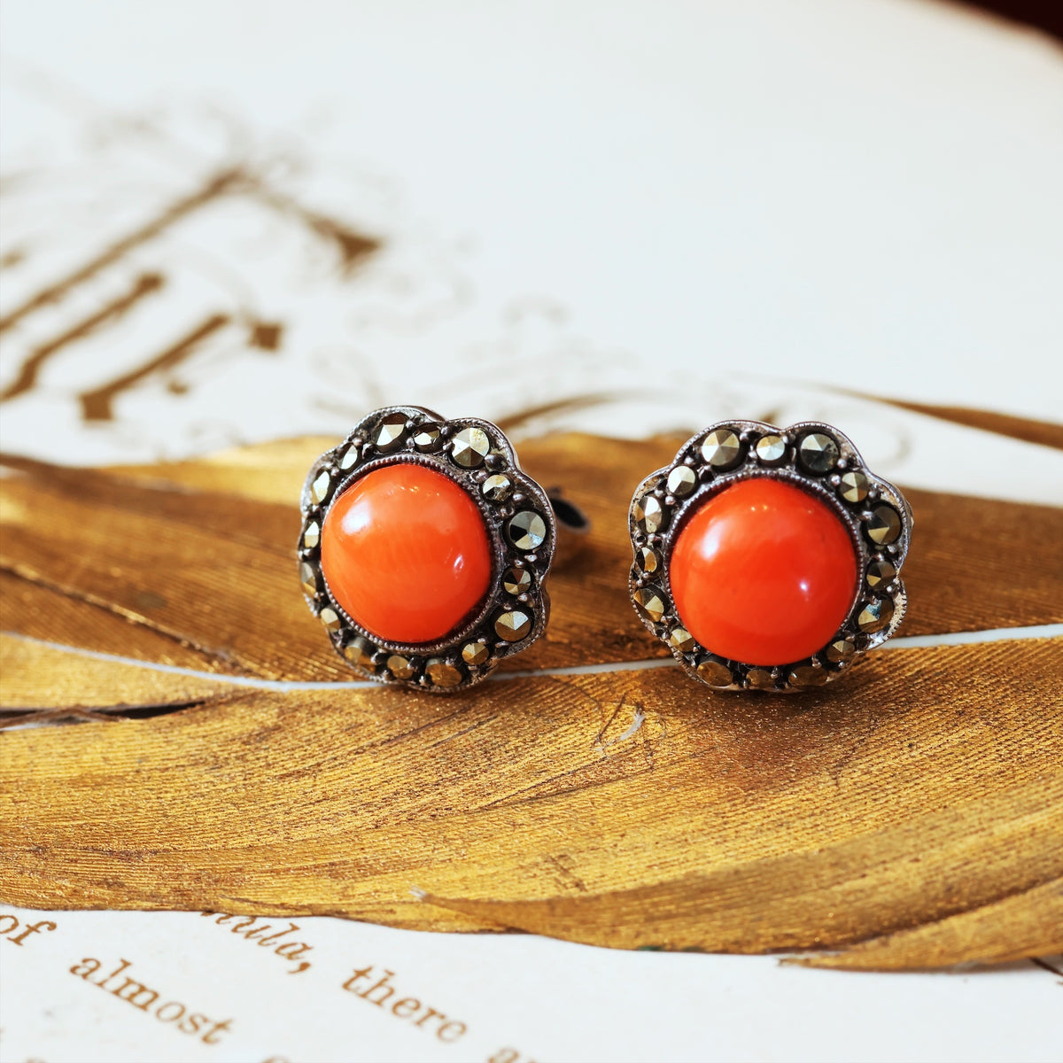 Vintage Mid Century Coral & Marcasite Stud Earrings