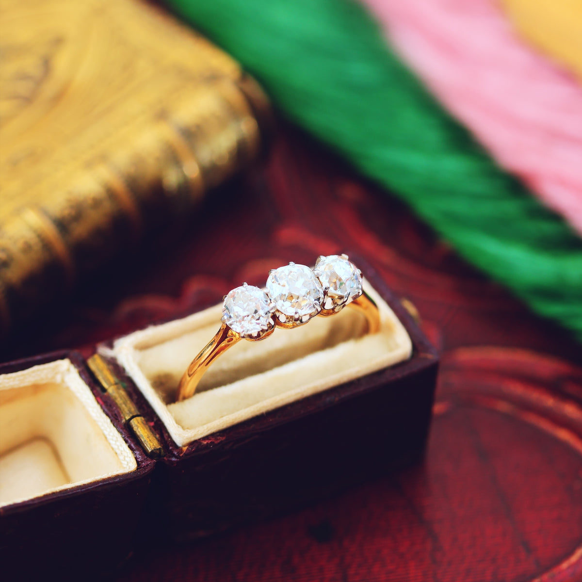 Vintage Old Mine Cut Diamond Trilogy Engagement Ring