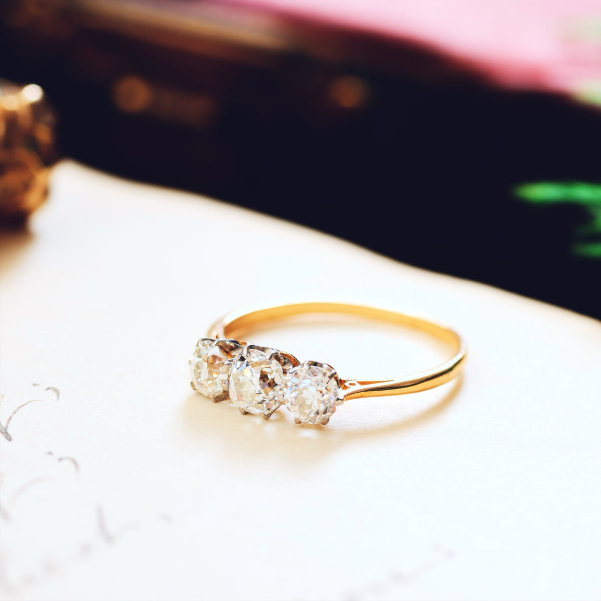 Vintage Old Mine Cut Diamond Trilogy Engagement Ring