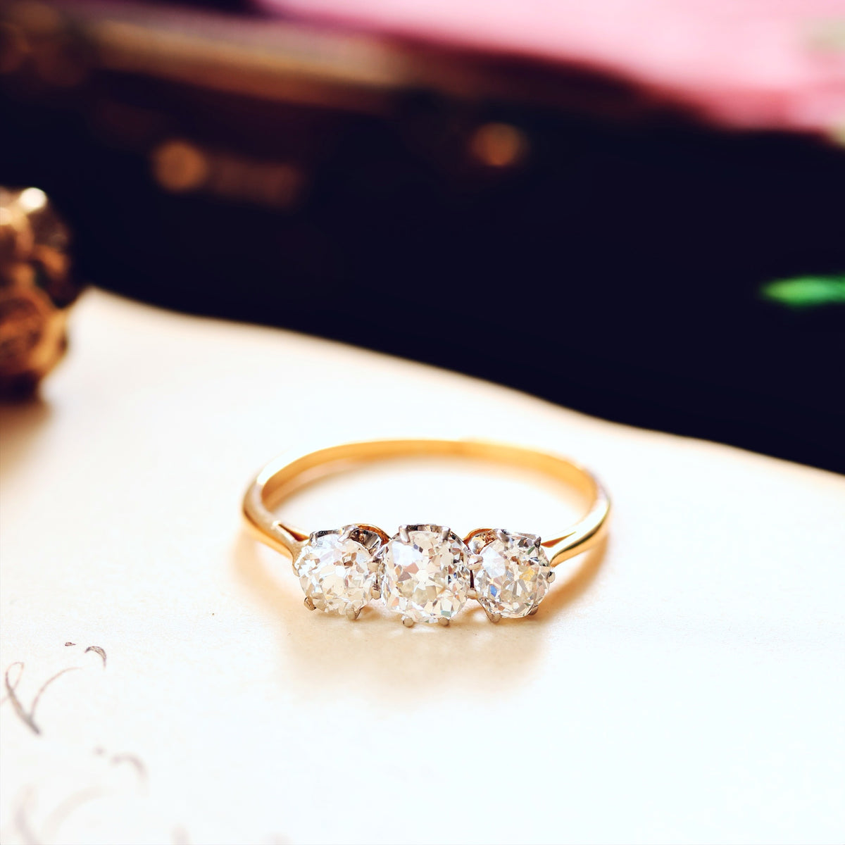 Vintage Old Mine Cut Diamond Trilogy Engagement Ring