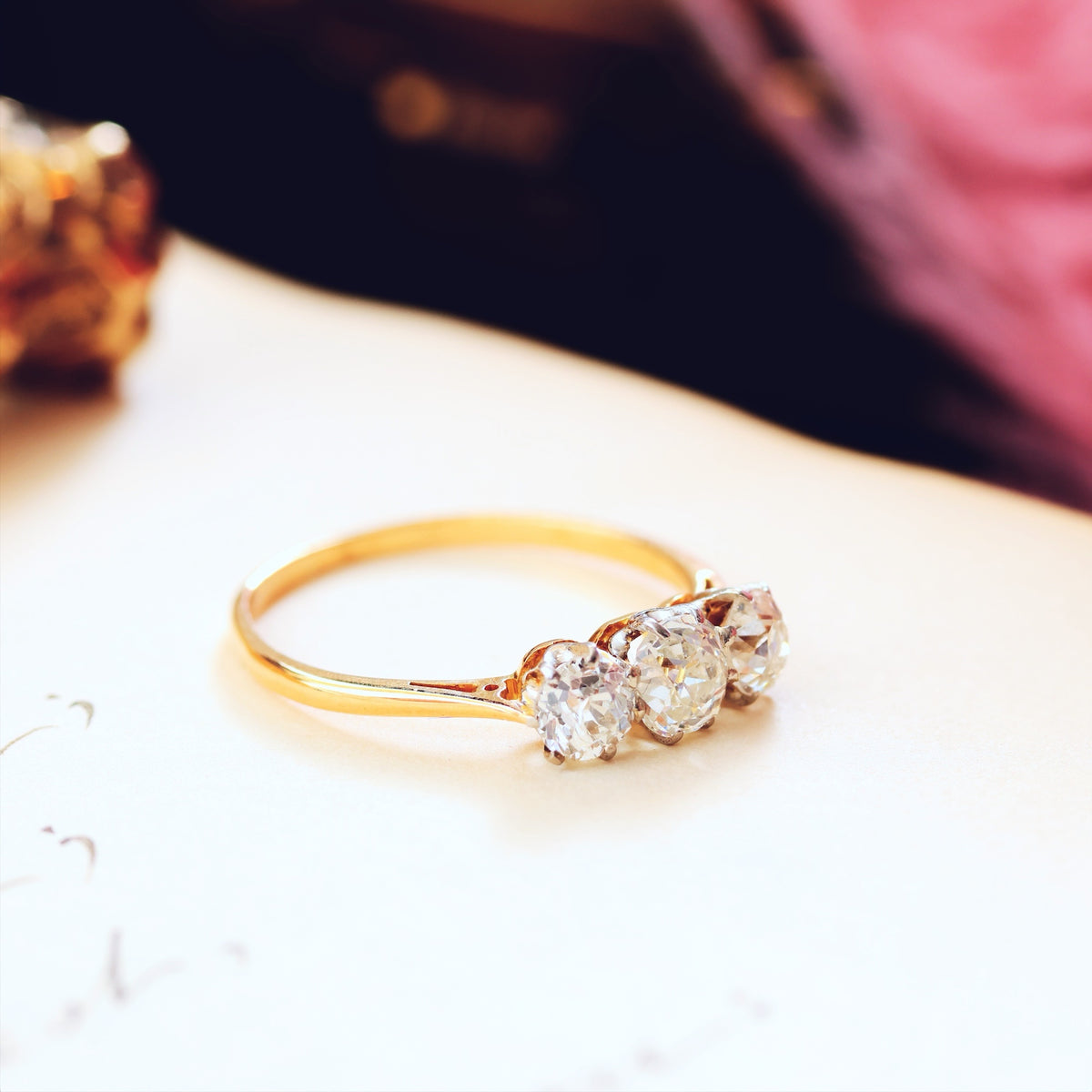 Vintage Old Mine Cut Diamond Trilogy Engagement Ring