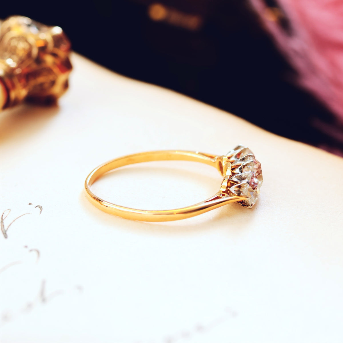 Vintage Old Mine Cut Diamond Trilogy Engagement Ring