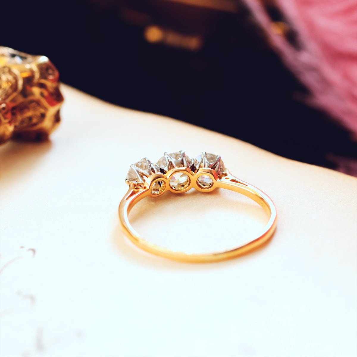 Vintage Old Mine Cut Diamond Trilogy Engagement Ring