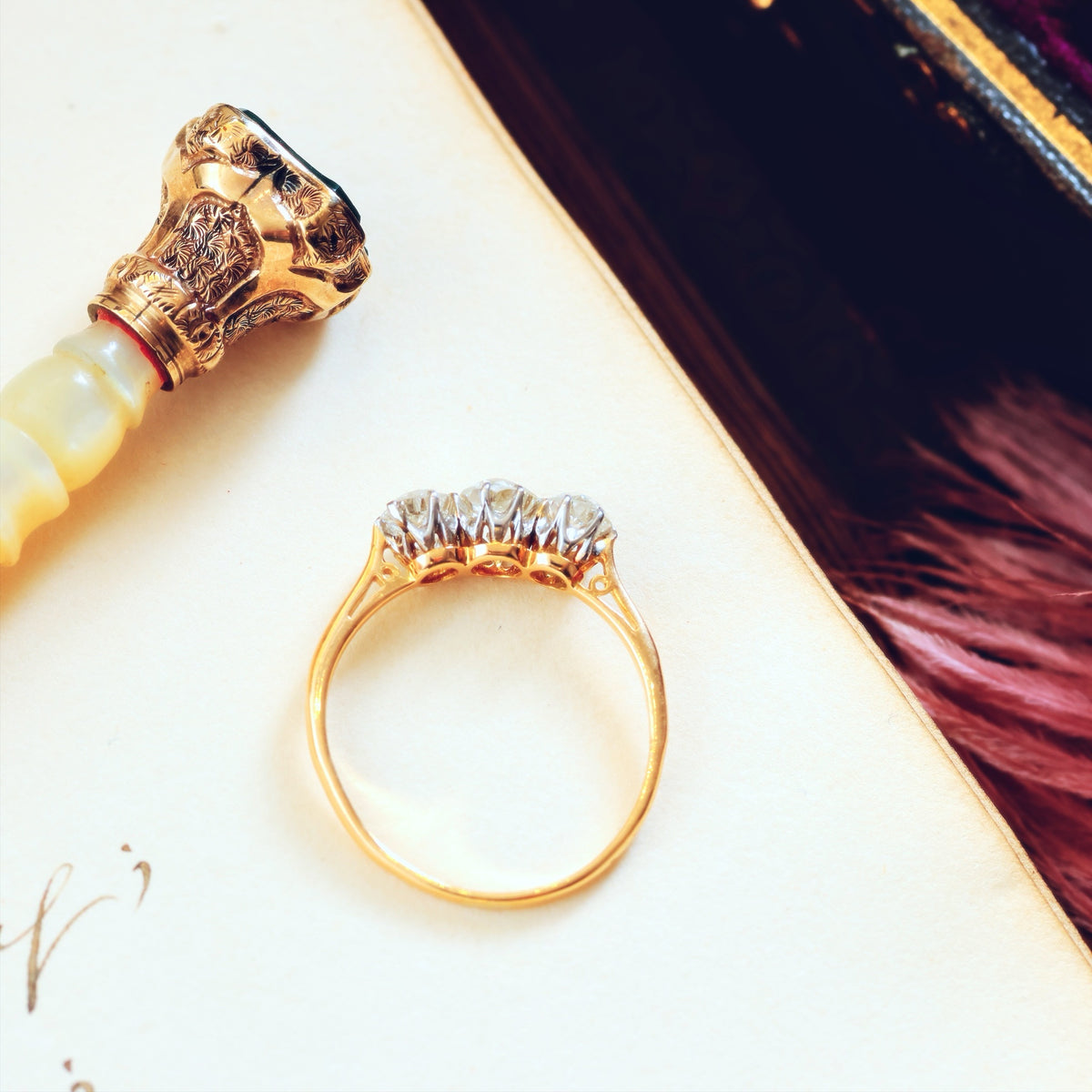 Vintage Old Mine Cut Diamond Trilogy Engagement Ring