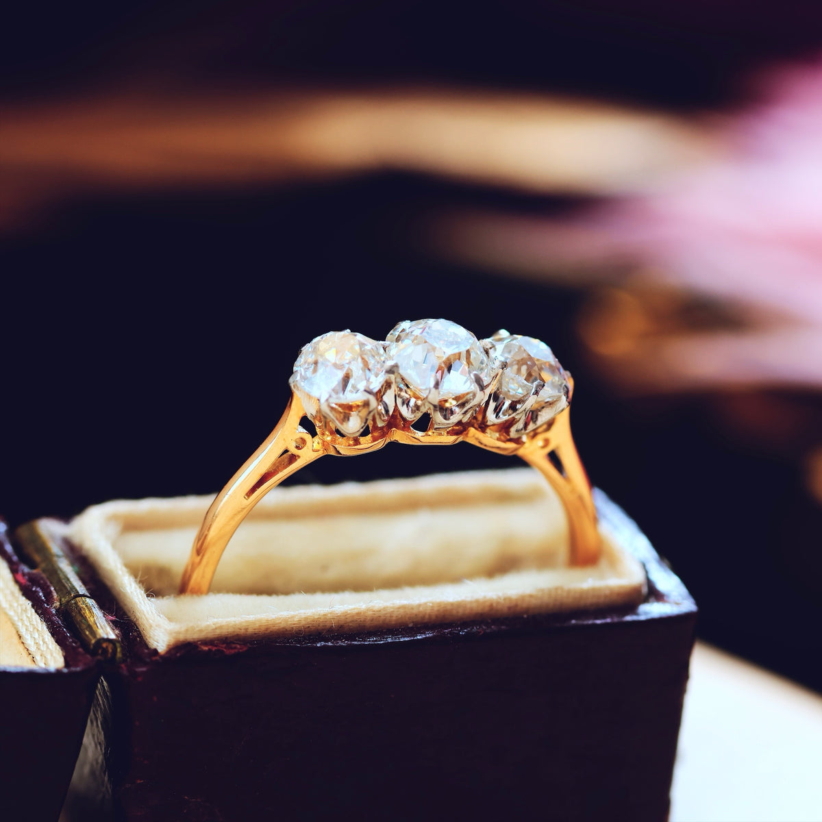 Vintage Old Mine Cut Diamond Trilogy Engagement Ring