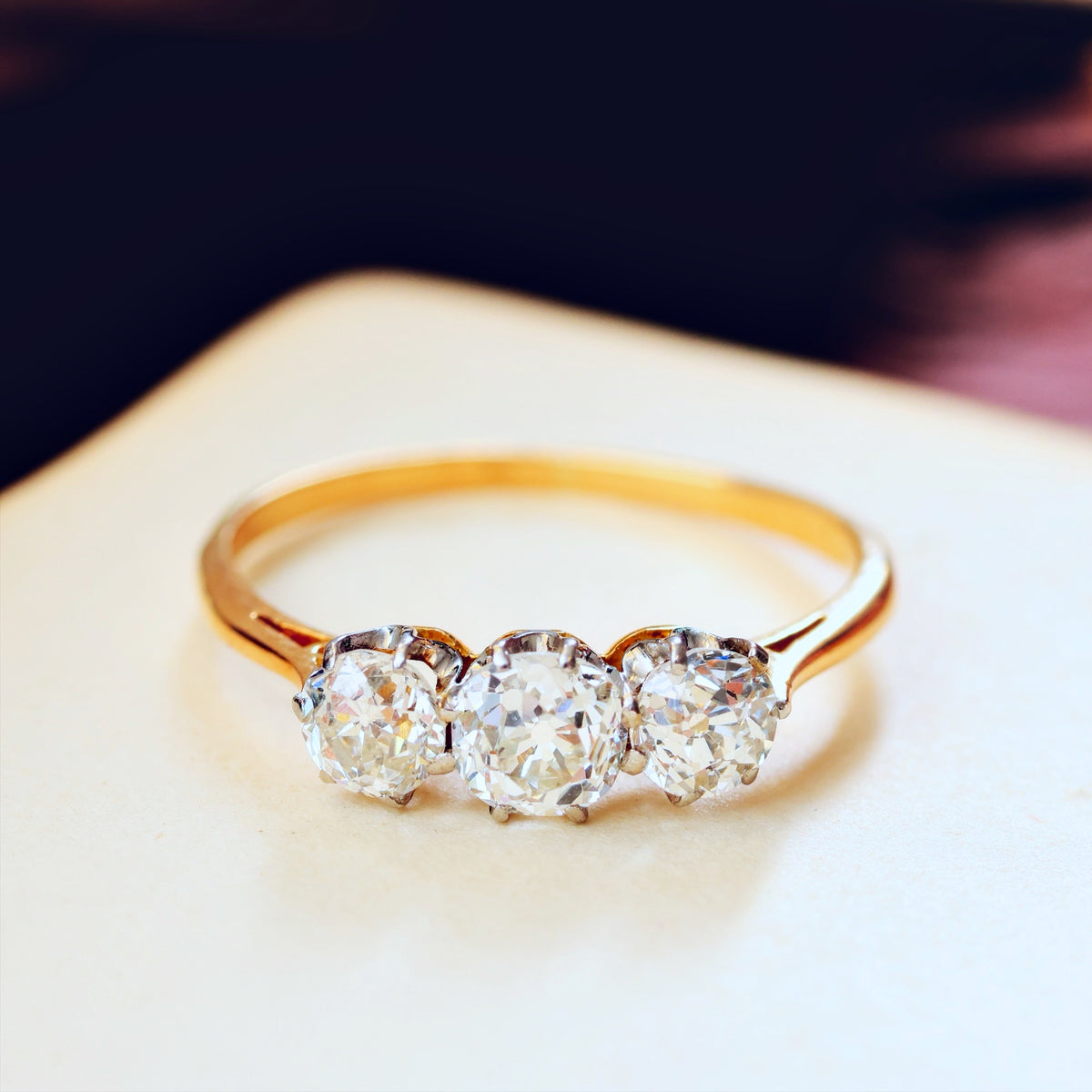Vintage Old Mine Cut Diamond Trilogy Engagement Ring