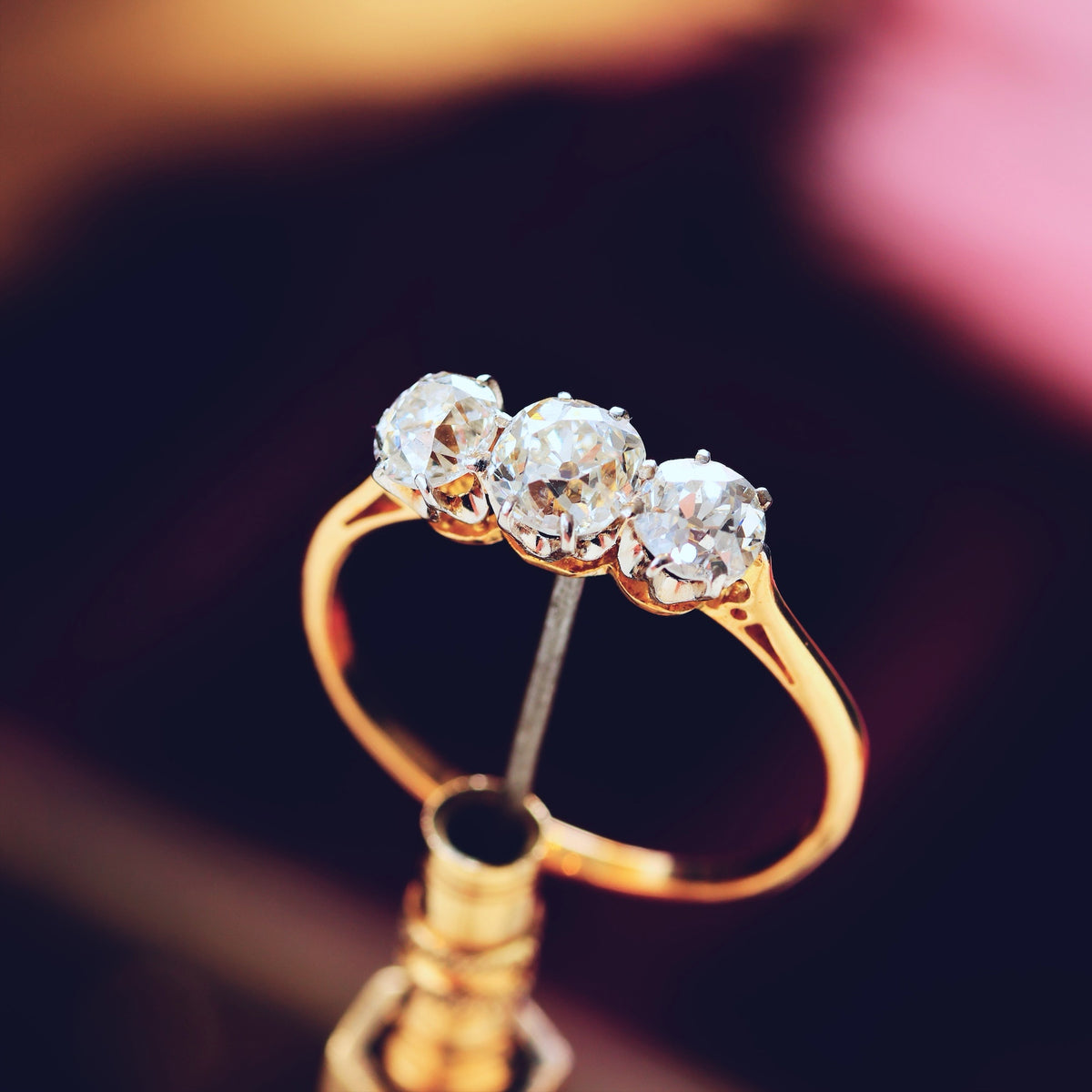 Vintage Old Mine Cut Diamond Trilogy Engagement Ring