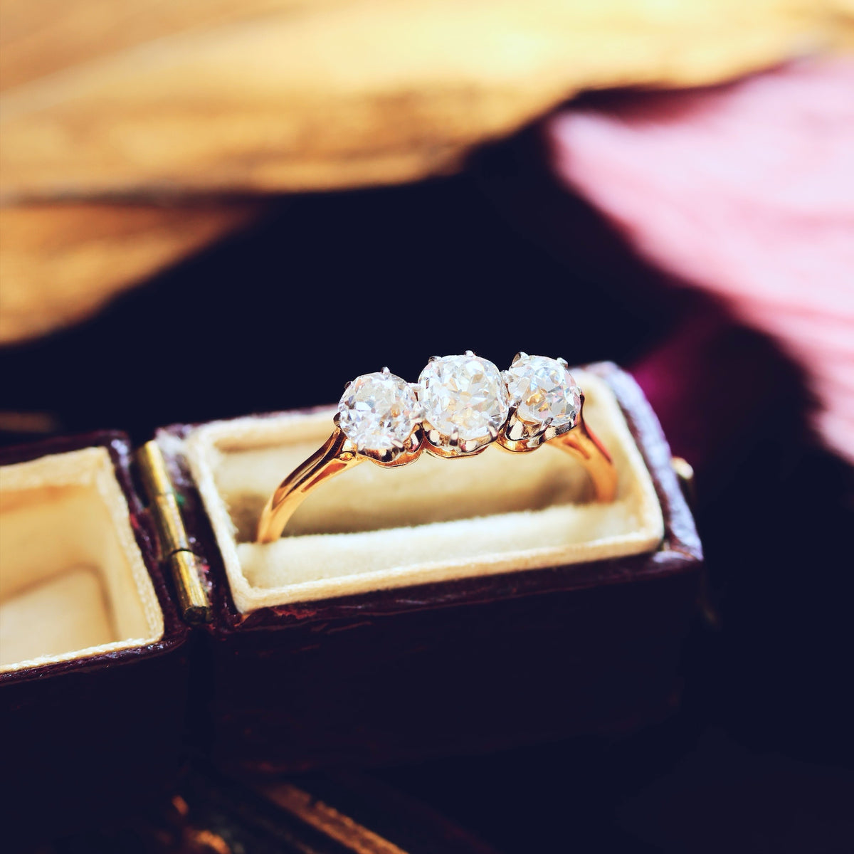 Vintage Old Mine Cut Diamond Trilogy Engagement Ring