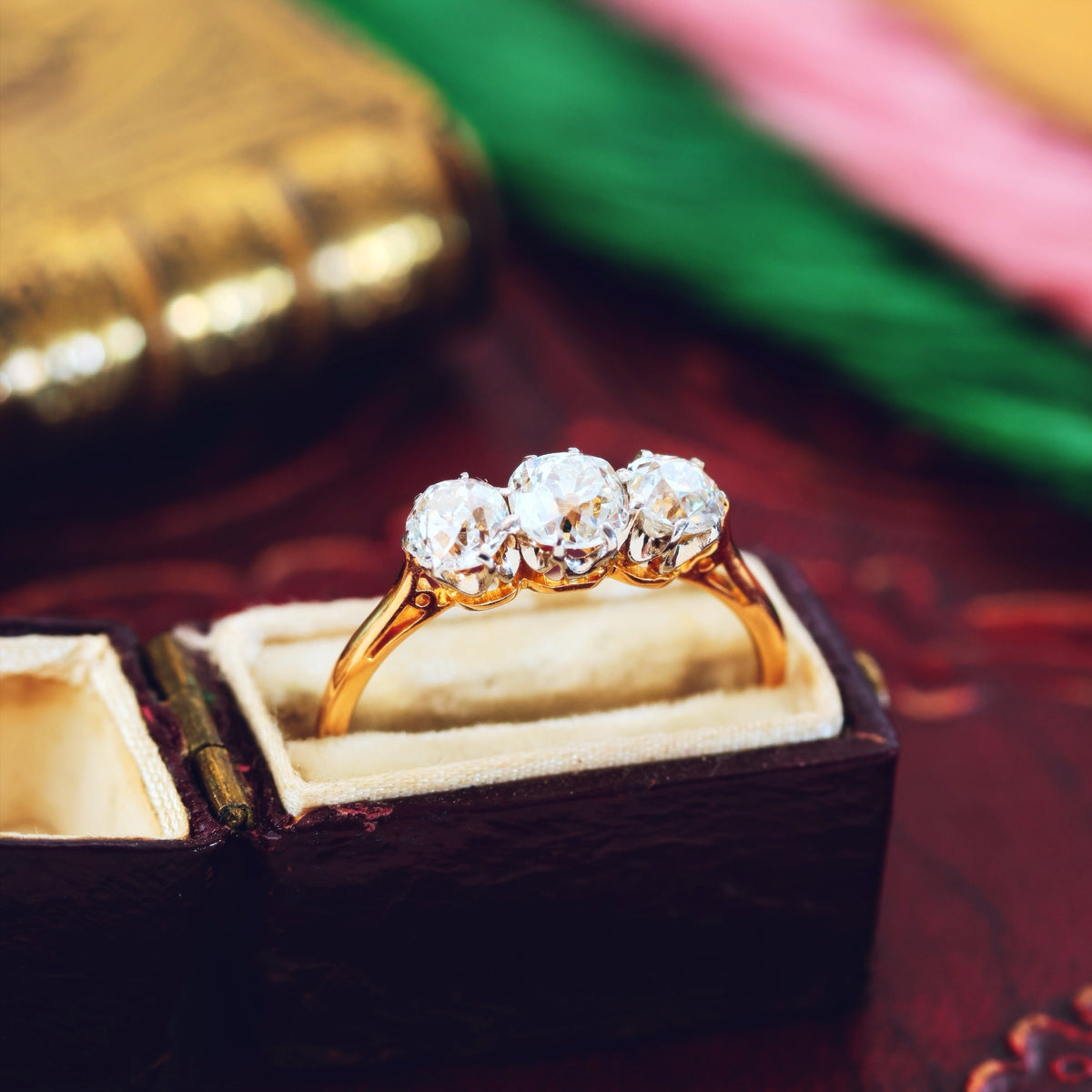 Vintage Old Mine Cut Diamond Trilogy Engagement Ring