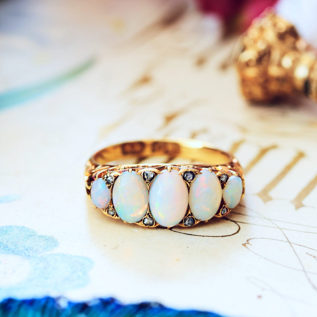 Most Splendid! Antique Victorian Opal & Diamond Half Hoop Ring