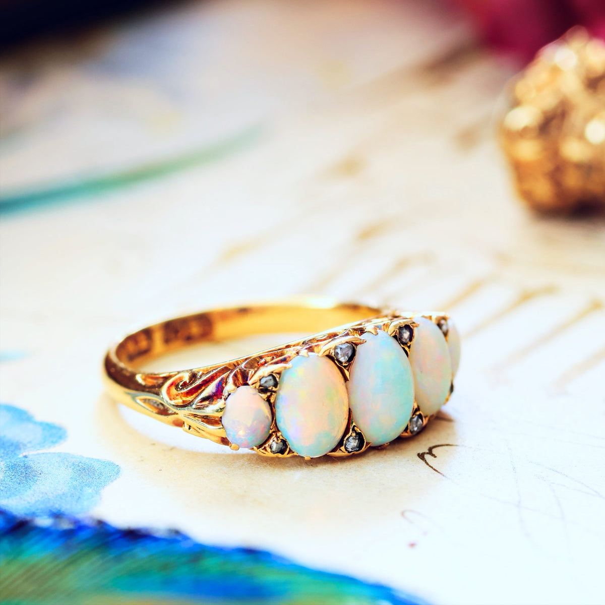 Most Splendid! Antique Victorian Opal & Diamond Half Hoop Ring