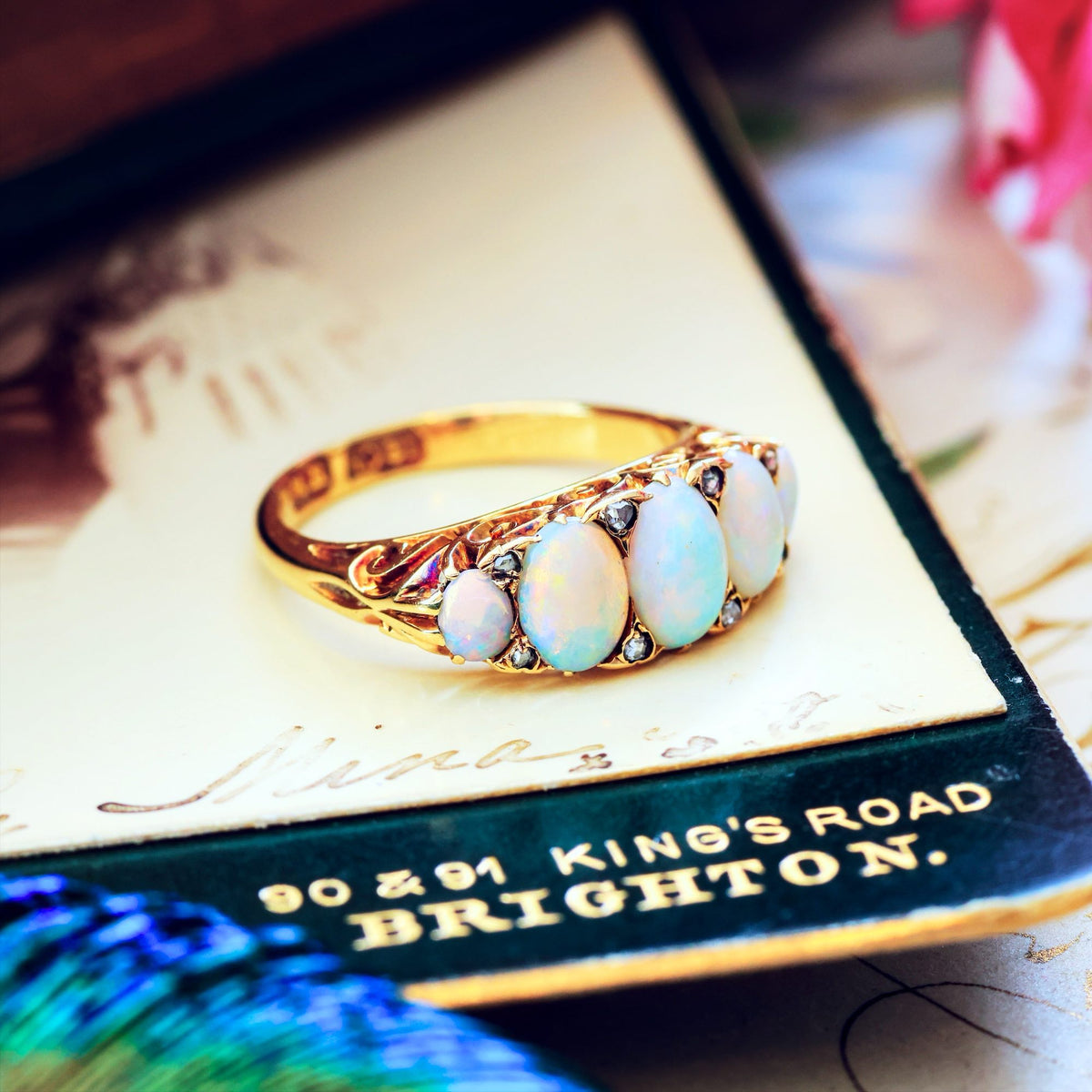 Most Splendid! Antique Victorian Opal & Diamond Half Hoop Ring