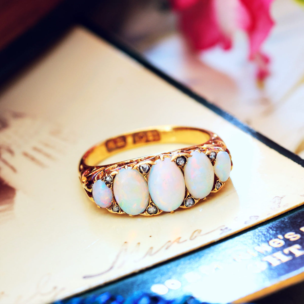 Most Splendid! Antique Victorian Opal & Diamond Half Hoop Ring