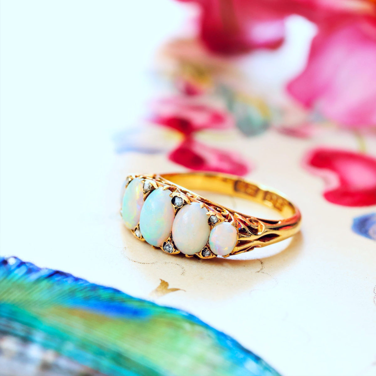 Most Splendid! Antique Victorian Opal & Diamond Half Hoop Ring
