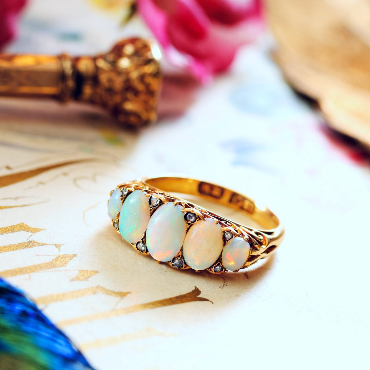 Most Splendid! Antique Victorian Opal & Diamond Half Hoop Ring