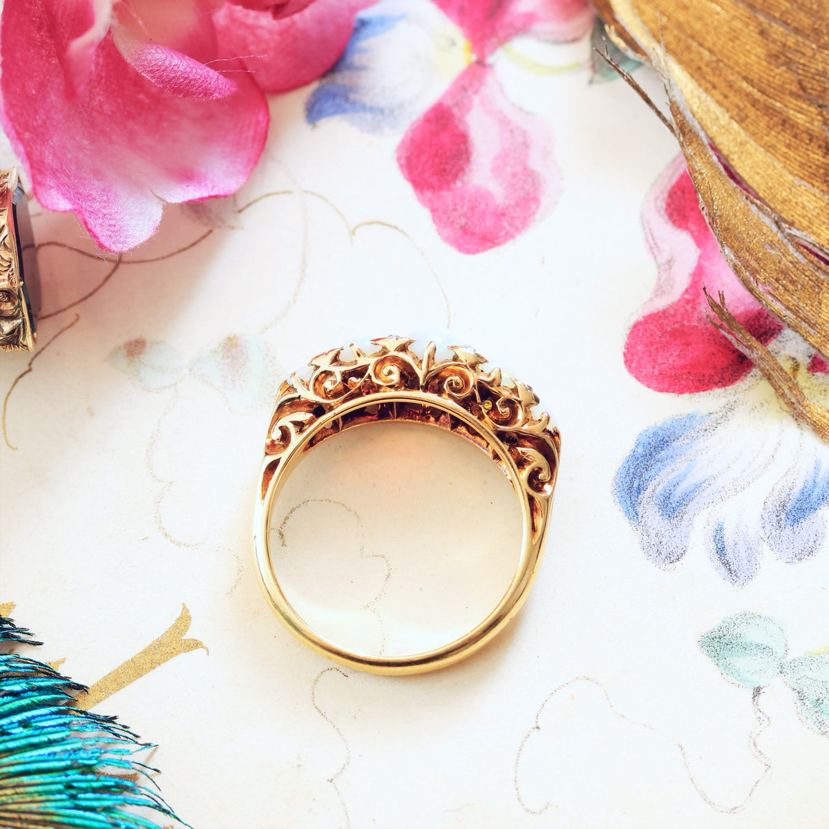 Most Splendid! Antique Victorian Opal & Diamond Half Hoop Ring