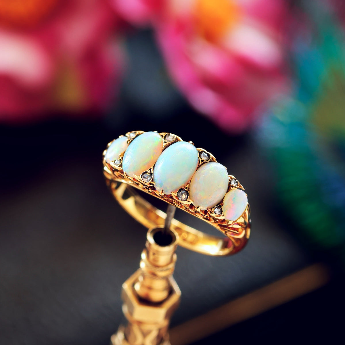 Most Splendid! Antique Victorian Opal & Diamond Half Hoop Ring