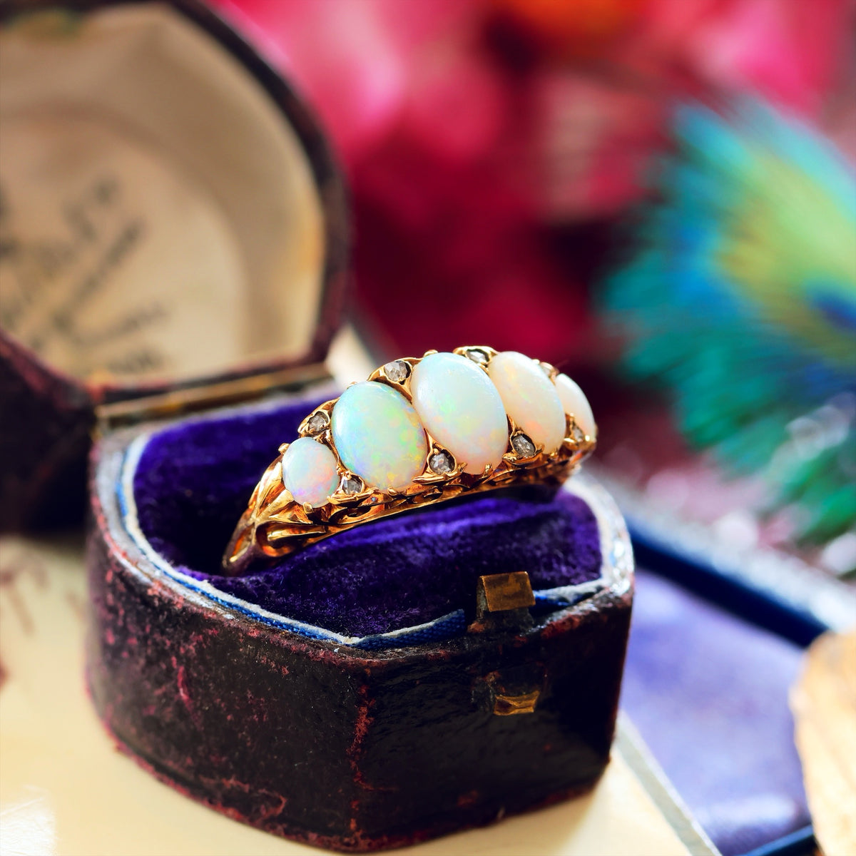 Most Splendid! Antique Victorian Opal & Diamond Half Hoop Ring