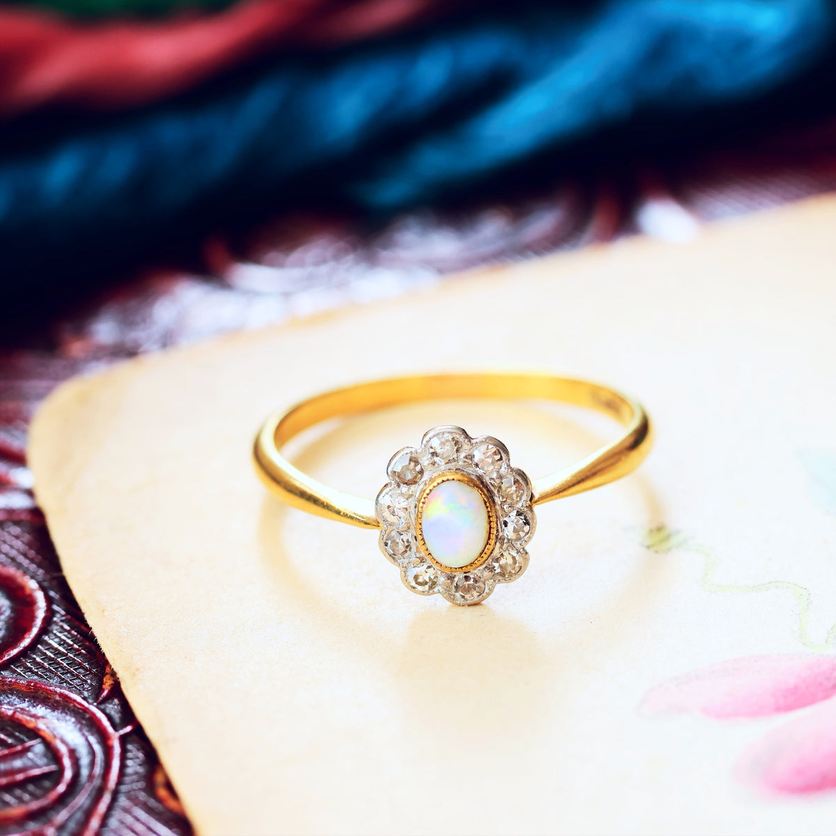 Vintage Opal & Diamond Blossom Cluster Ring