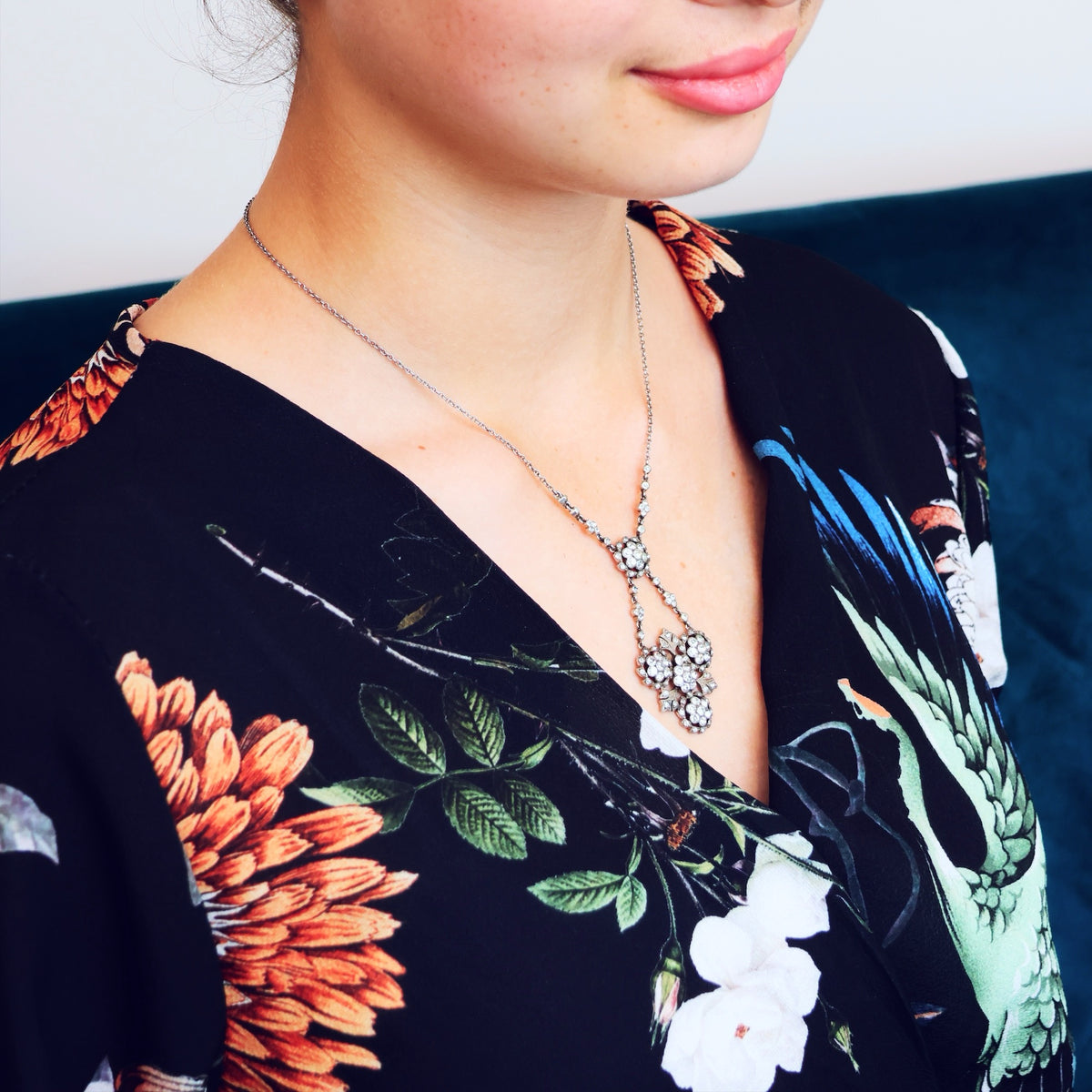 Glamorous Vintage Silver Paste Lavaliere Necklace