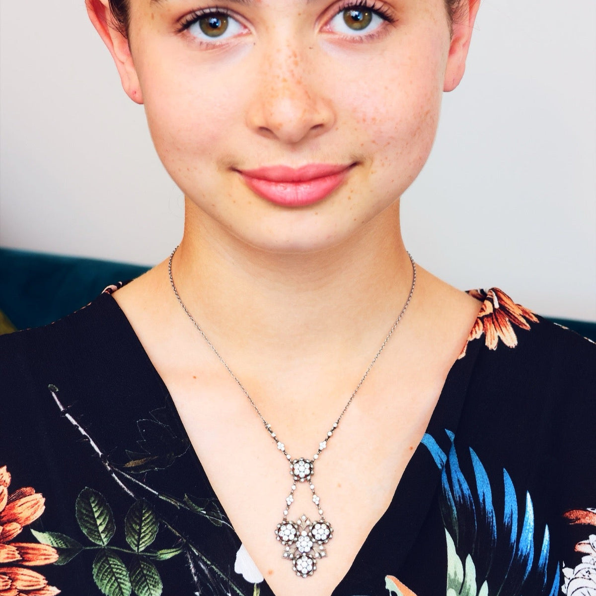 Glamorous Vintage Silver Paste Lavaliere Necklace