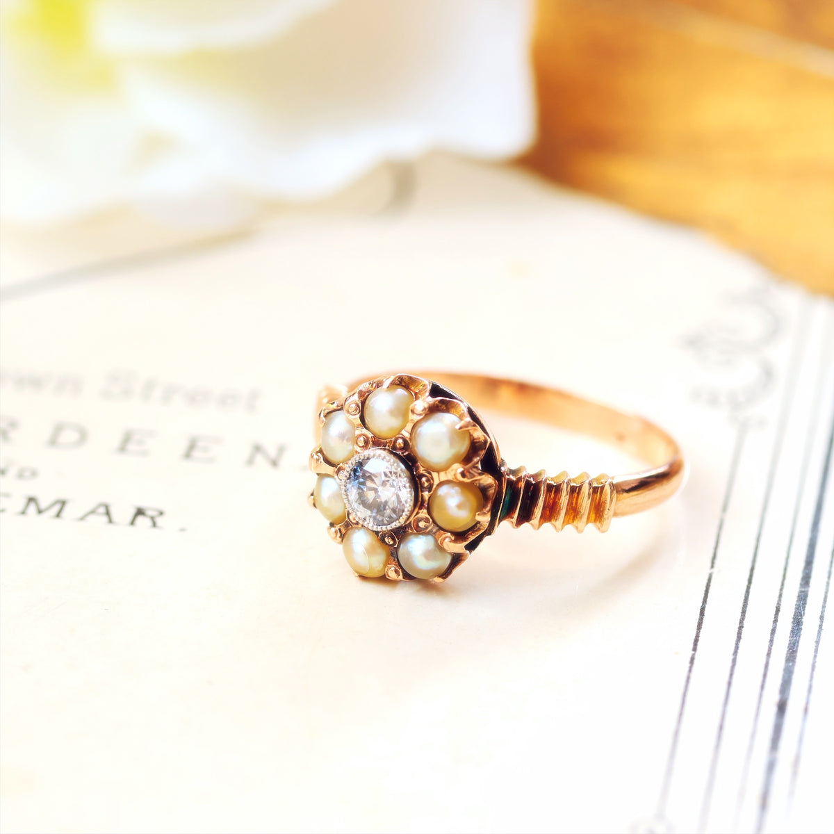 Vintage Pearl & Diamond Flowerette Ring