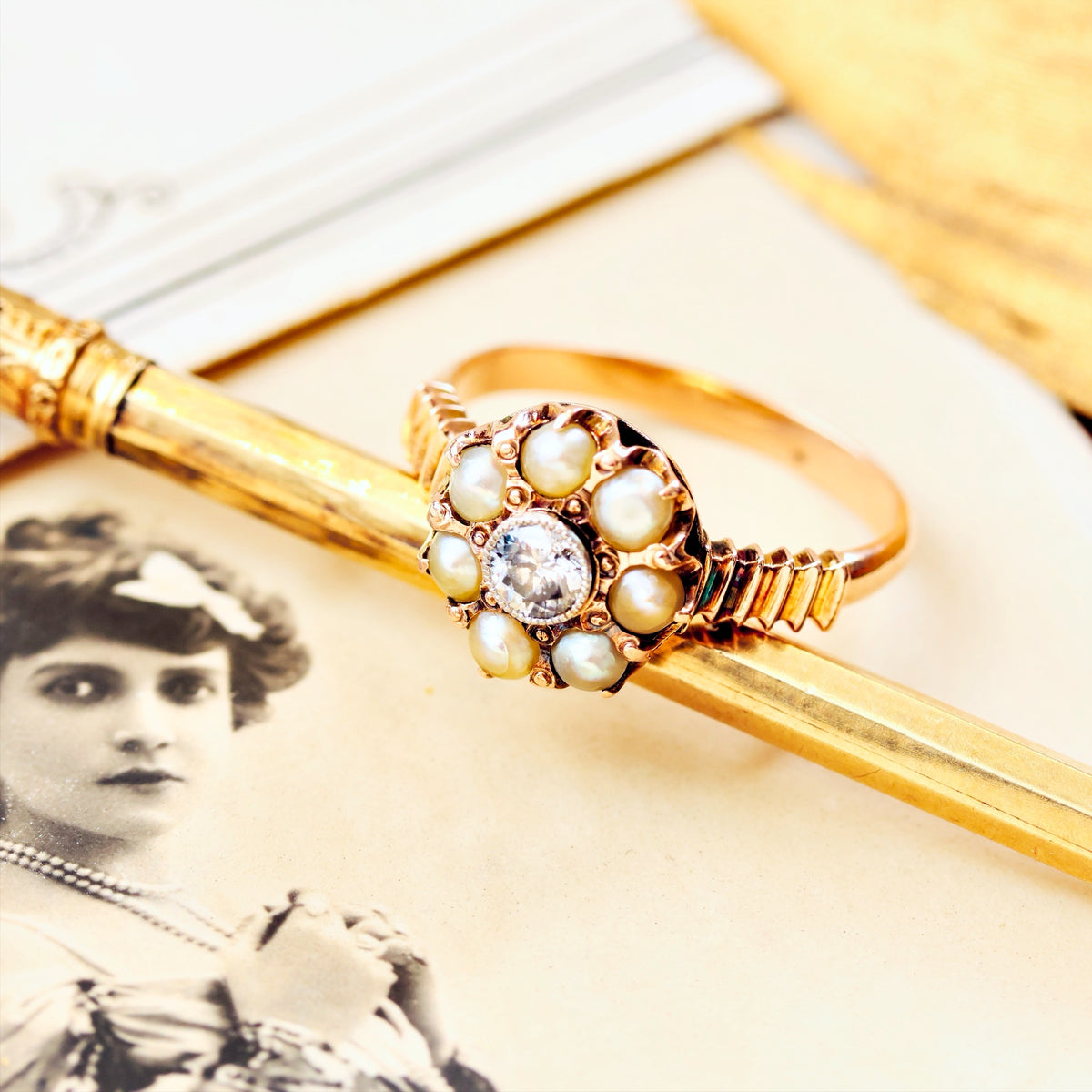Fine Pretty! Vintage Pearl & Diamond Flowerette Ring