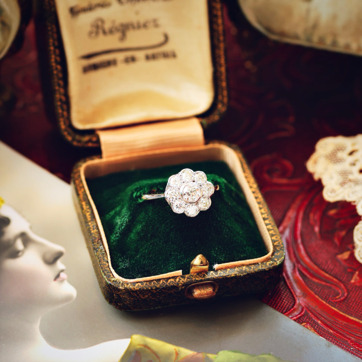 Pristine Vintage Platinum Diamond Daisy Engagement Ring