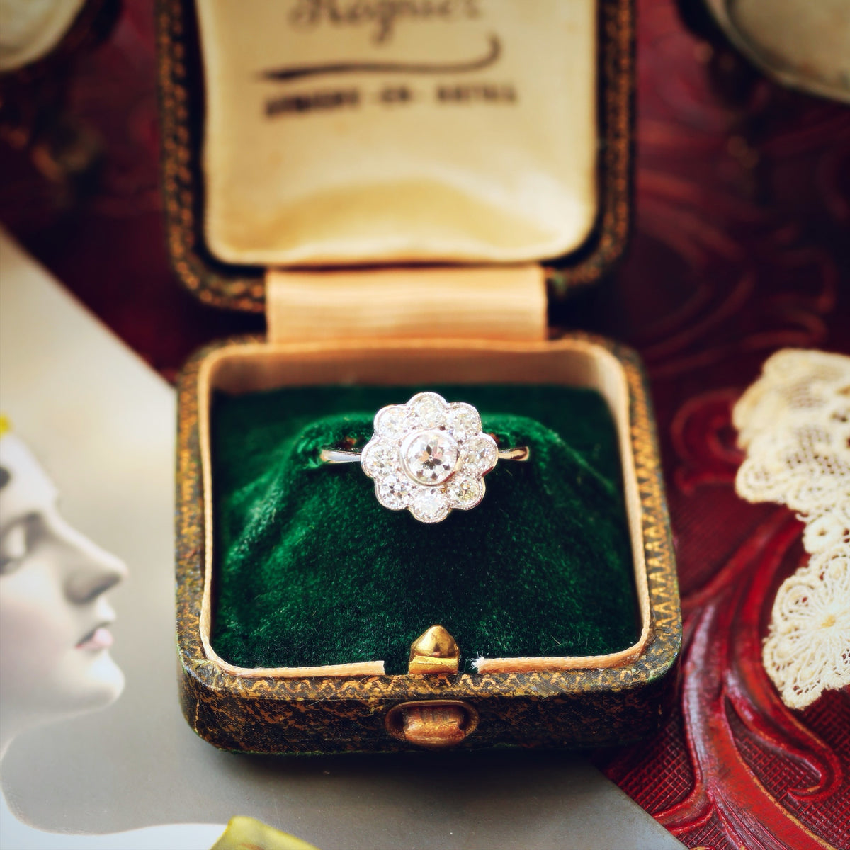 Pristine Vintage Platinum Diamond Daisy Engagement Ring