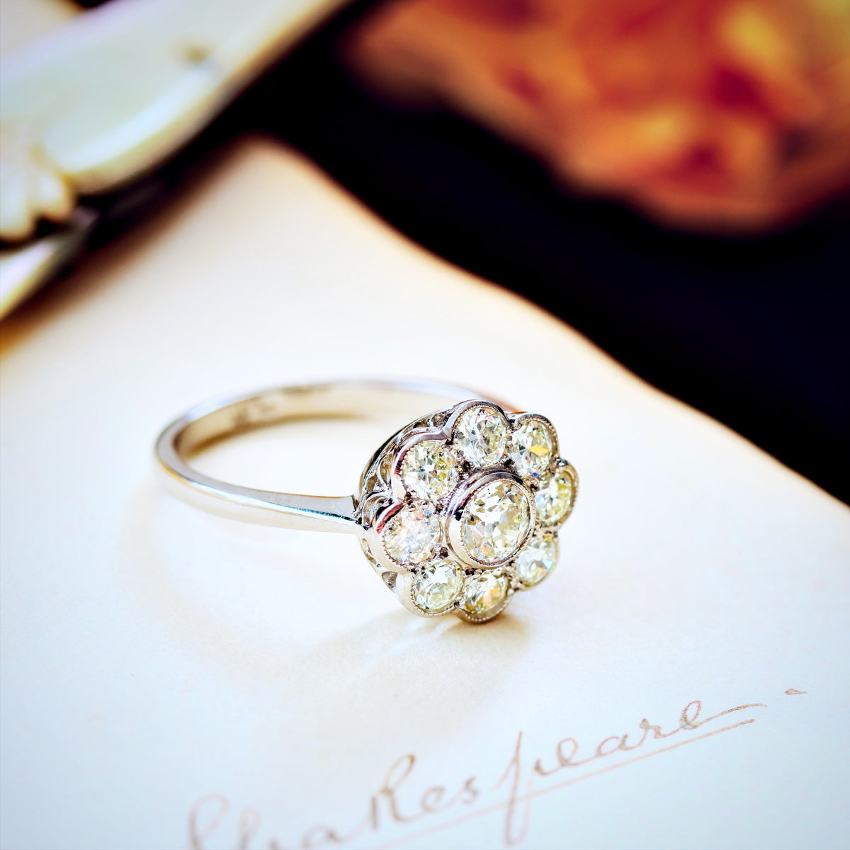 Pristine Vintage Platinum Diamond Daisy Engagement Ring