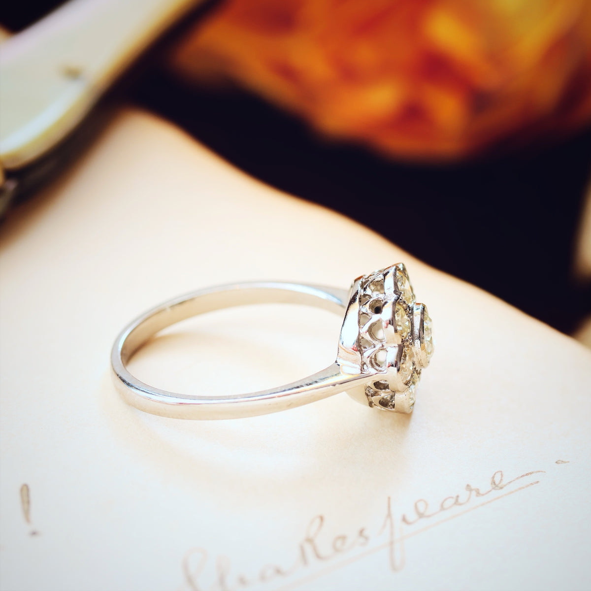 Pristine Vintage Platinum Diamond Daisy Engagement Ring