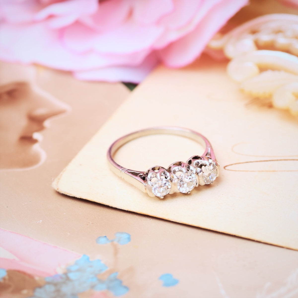 Sparkliest Vintage Platinum Diamond Trilogy Engagement Ring