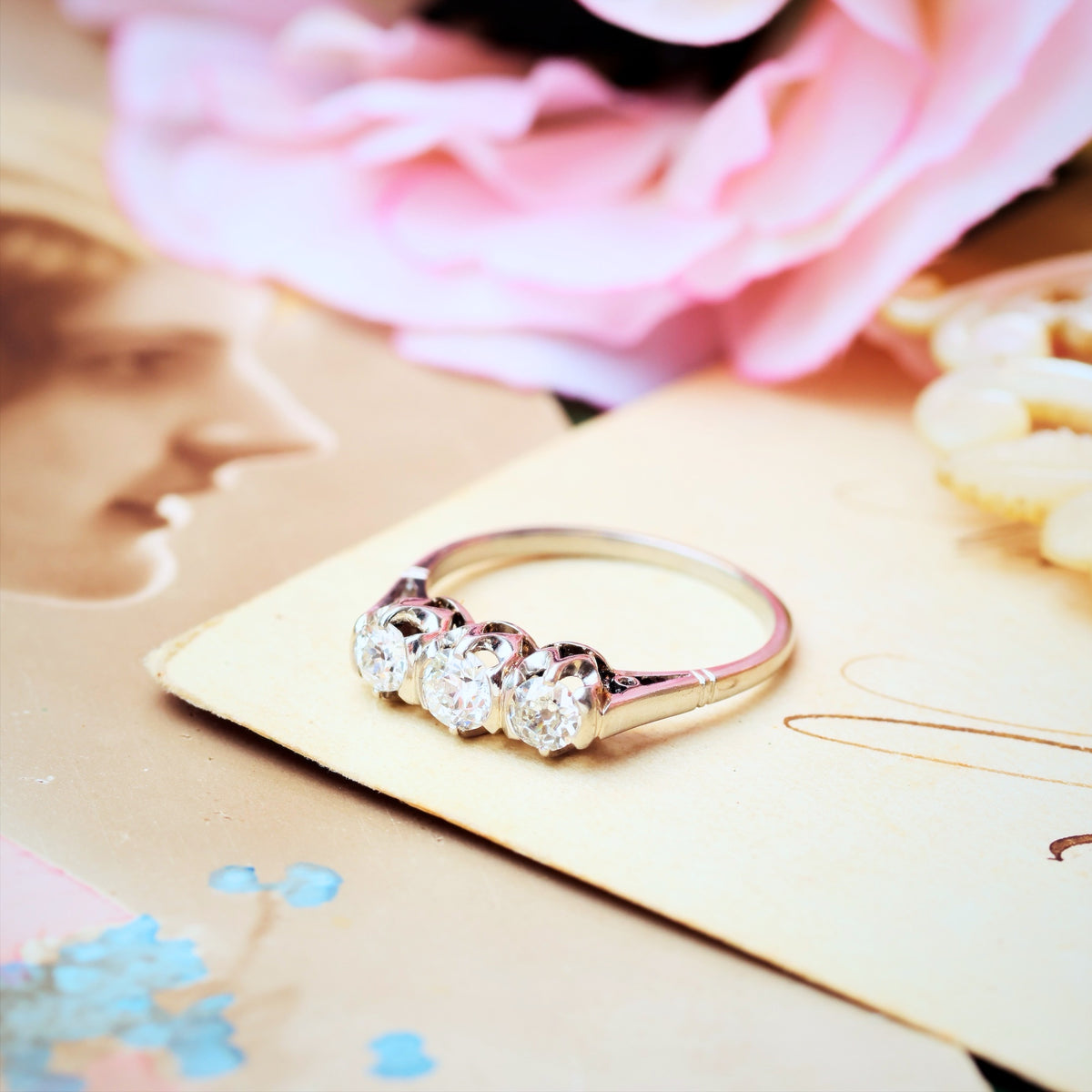 Sparkliest Vintage Platinum Diamond Trilogy Engagement Ring