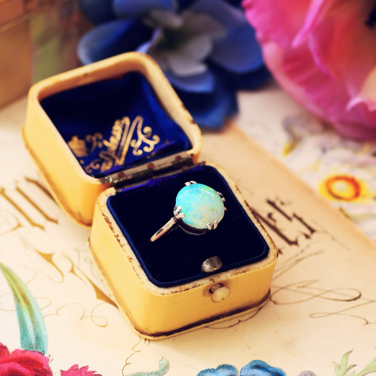 Vintage Rainbow Opal Cabochon Dress Ring