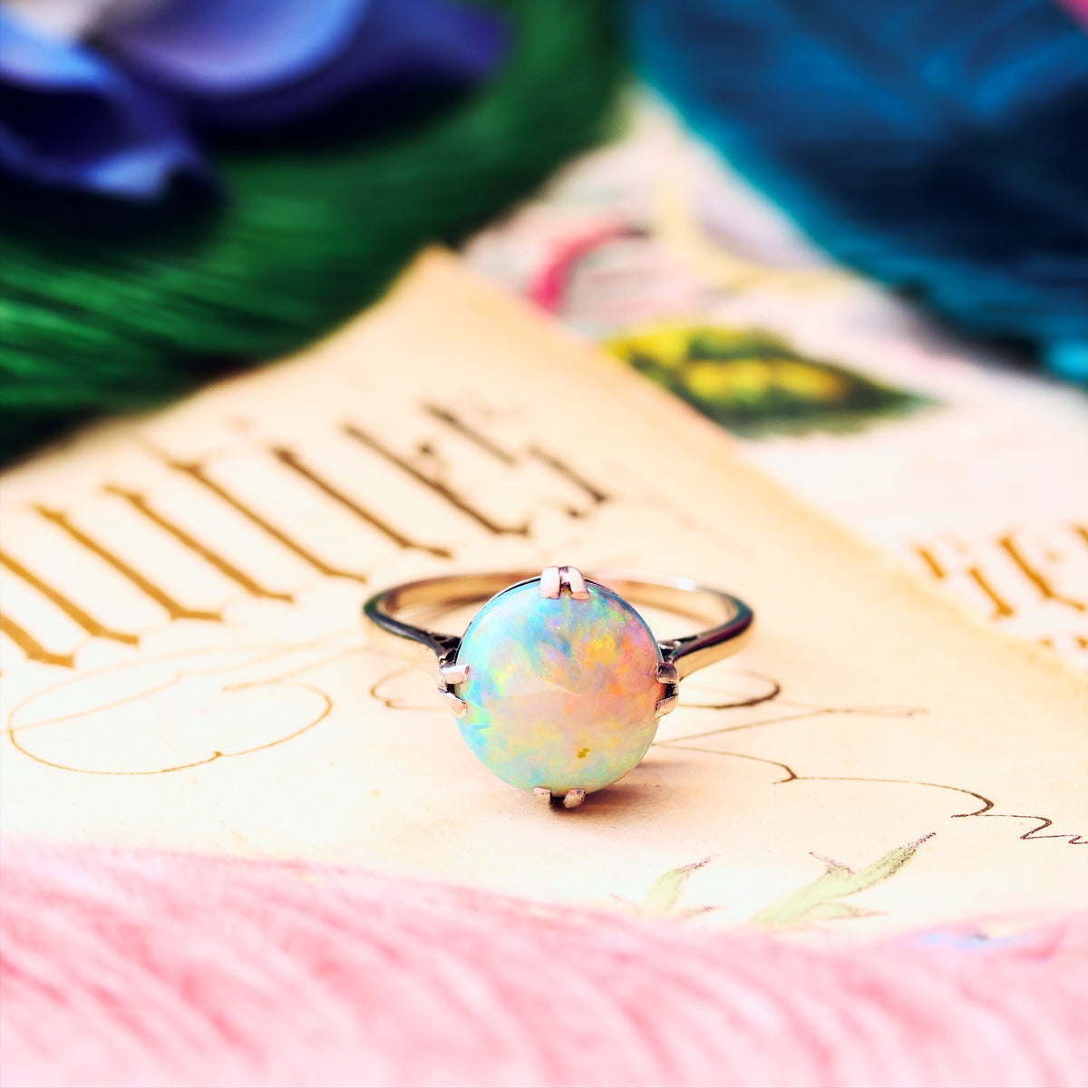 Vintage Rainbow Opal Cabochon Dress Ring