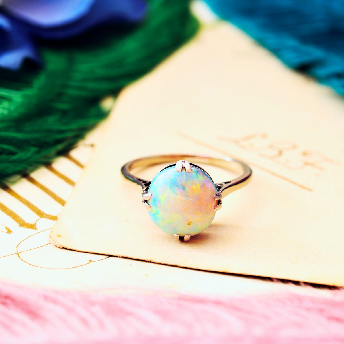 Vintage Rainbow Opal Cabochon Dress Ring