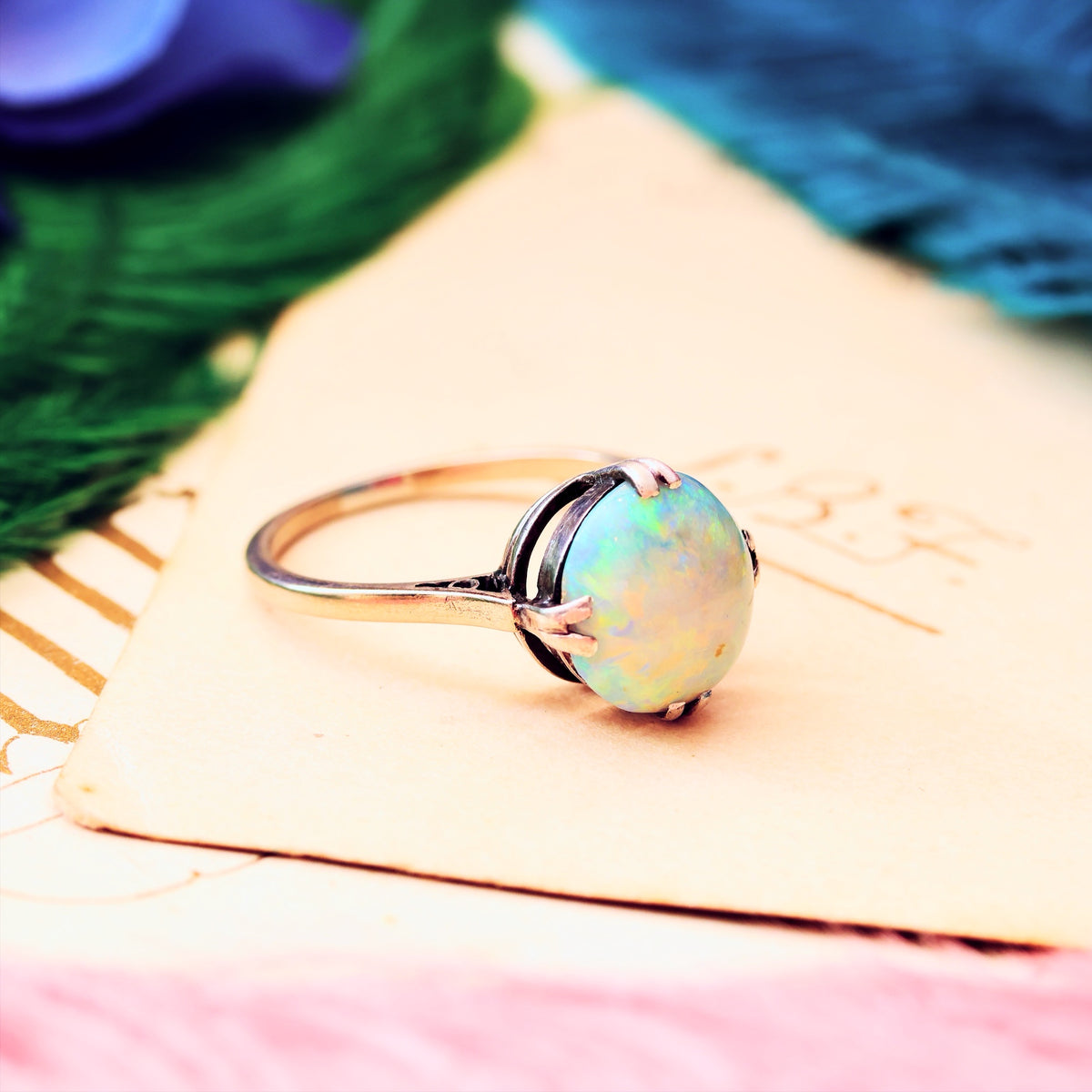 Vintage Rainbow Opal Cabochon Dress Ring