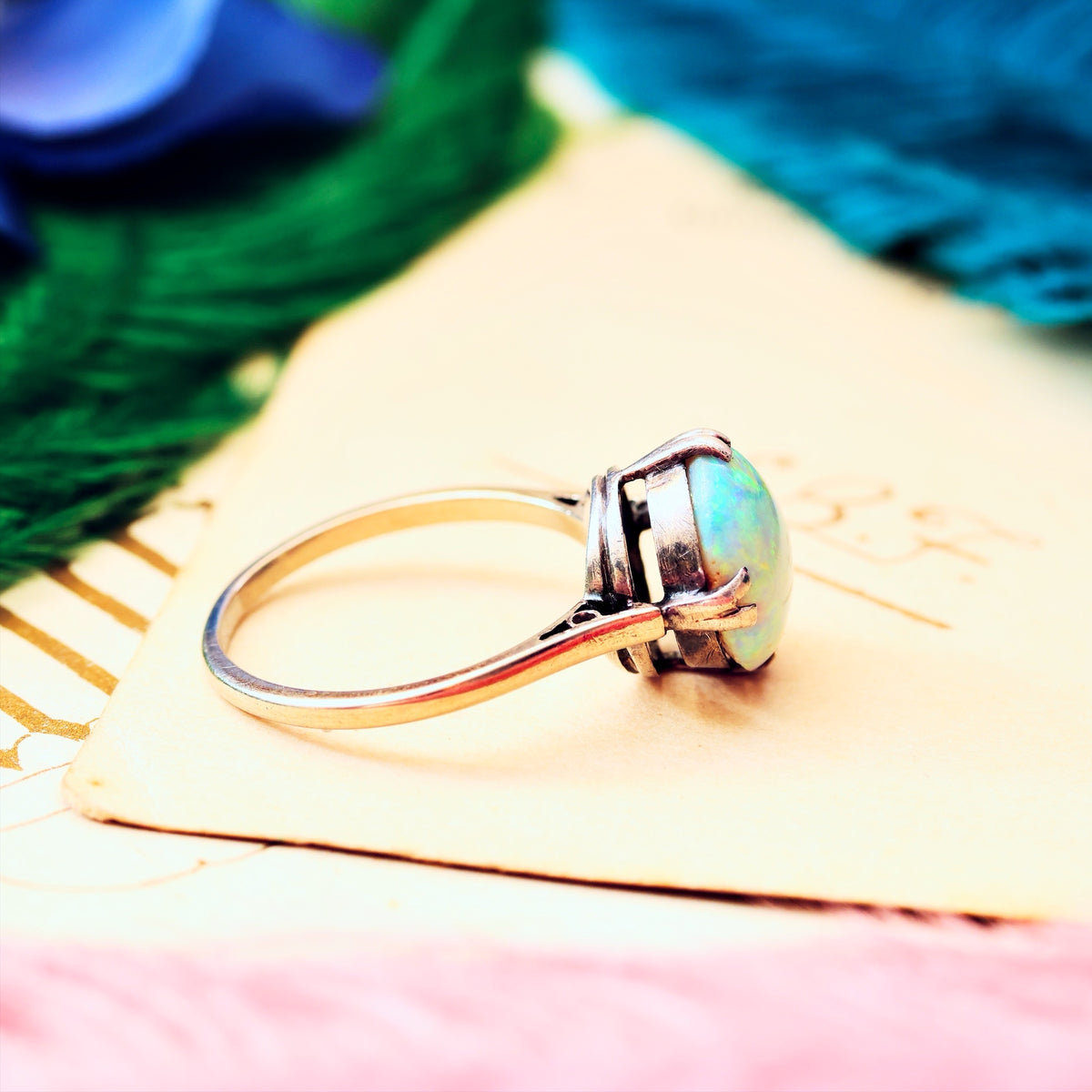 Vintage Rainbow Opal Cabochon Dress Ring