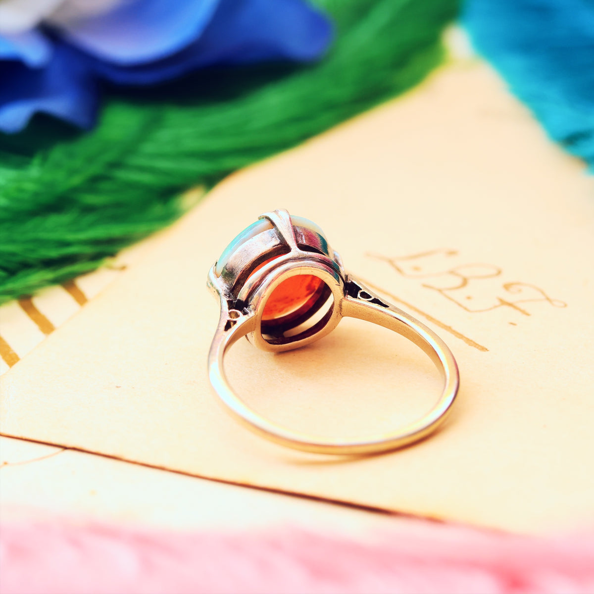 Vintage Rainbow Opal Cabochon Dress Ring