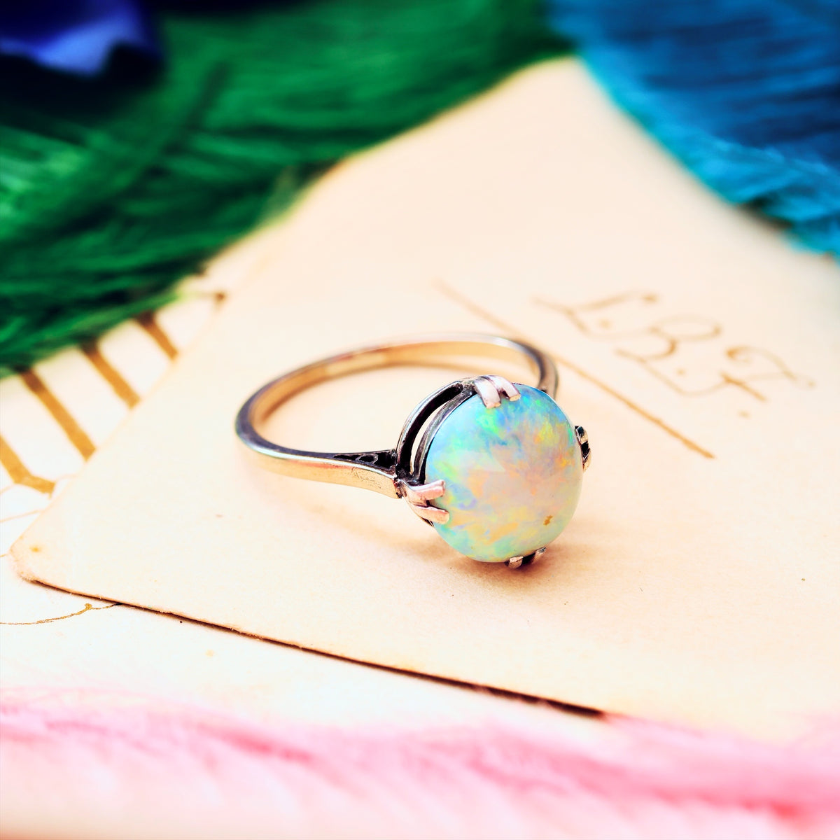 Vintage Rainbow Opal Cabochon Dress Ring