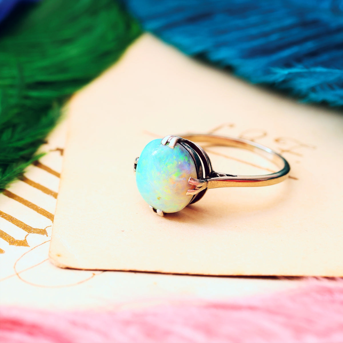Vintage Rainbow Opal Cabochon Dress Ring