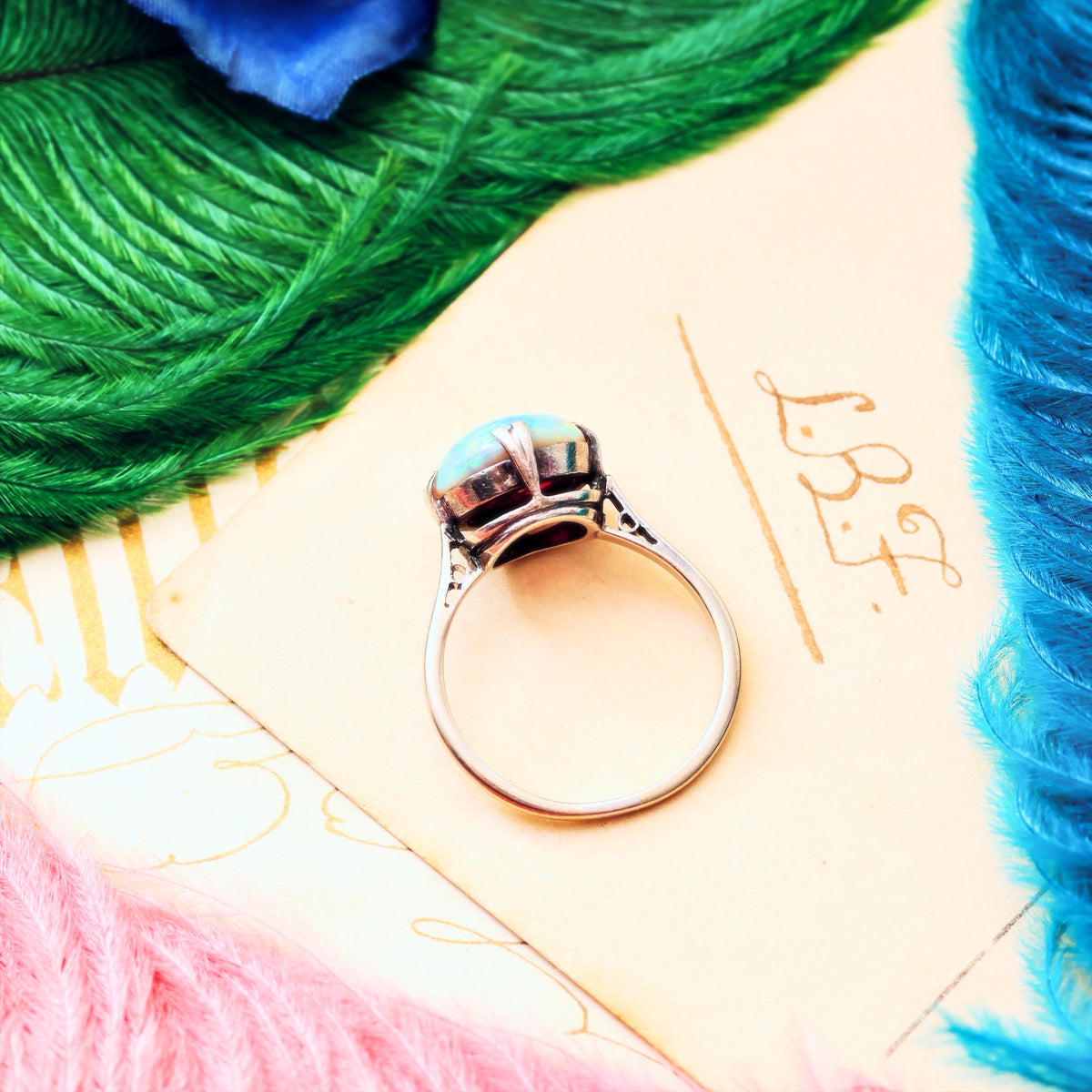 Vintage Rainbow Opal Cabochon Dress Ring