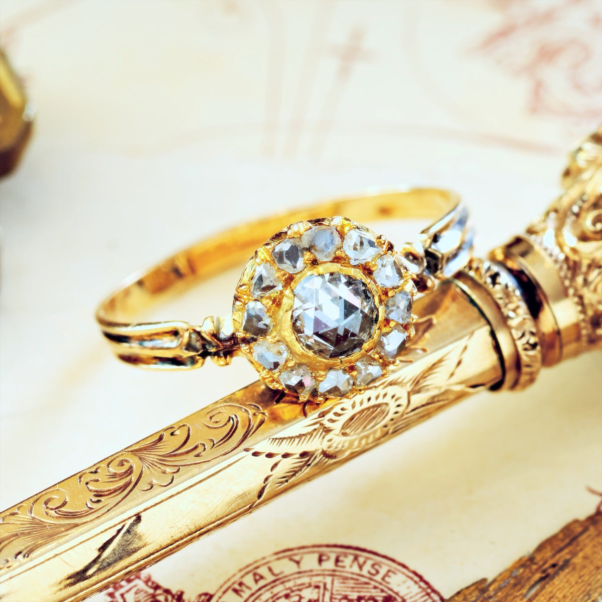 Vintage Recycled Rose Cut Diamond Rosette Engagement Ring