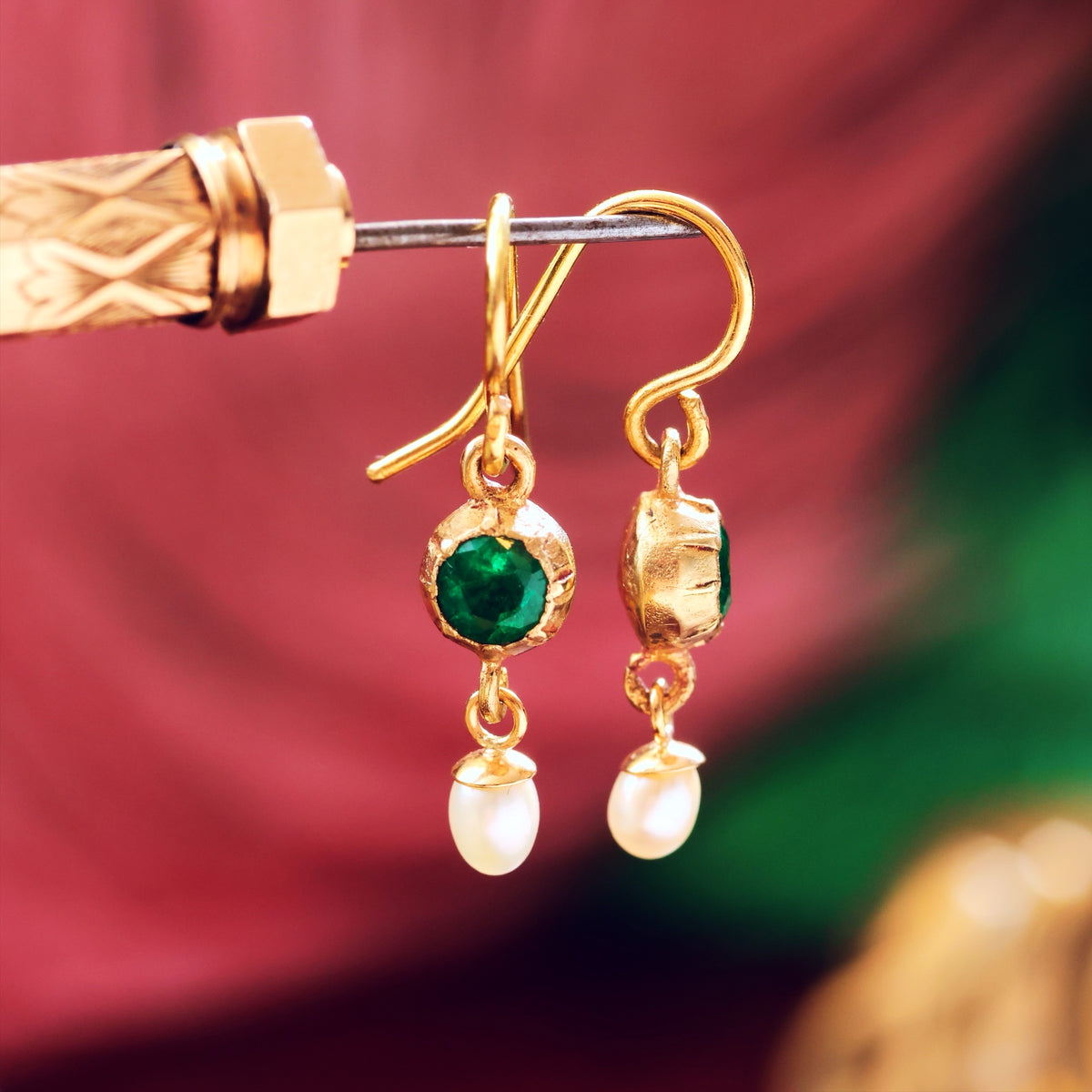 Renaissance Style Emerald & Wild Pearl Drop Earrings